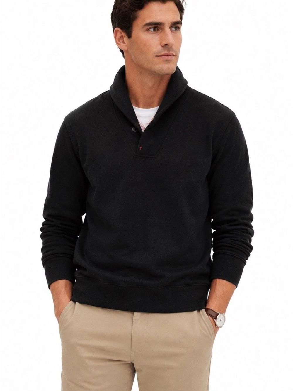RELWEN  Thermal Rib Shawl Pullover  Sweater Black Heavyweight Preppy old money L